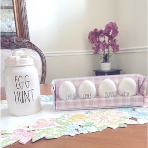RAE DUNN CERAMIC EASTER EGGS AND BUNNY CANDY JAR. ARTESIAN COLLECTION BY MAGENTA